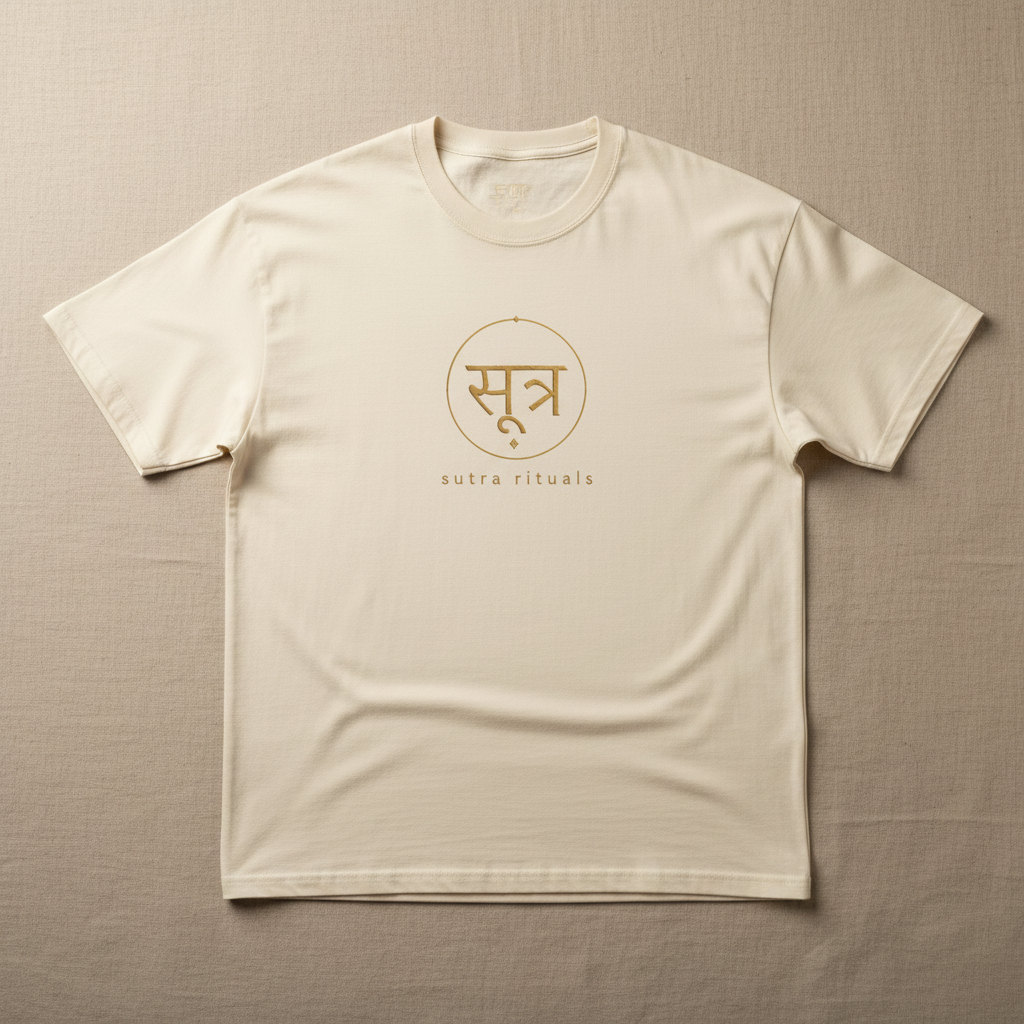Sutra Rituals Logo Tee – ivory oversized cotton t-shirt with gold Sanskrit emblem at chest