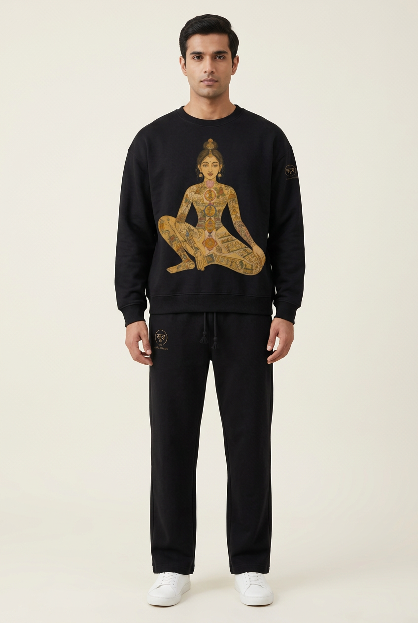 Black yogini sweatshirt and matching pants on a male model