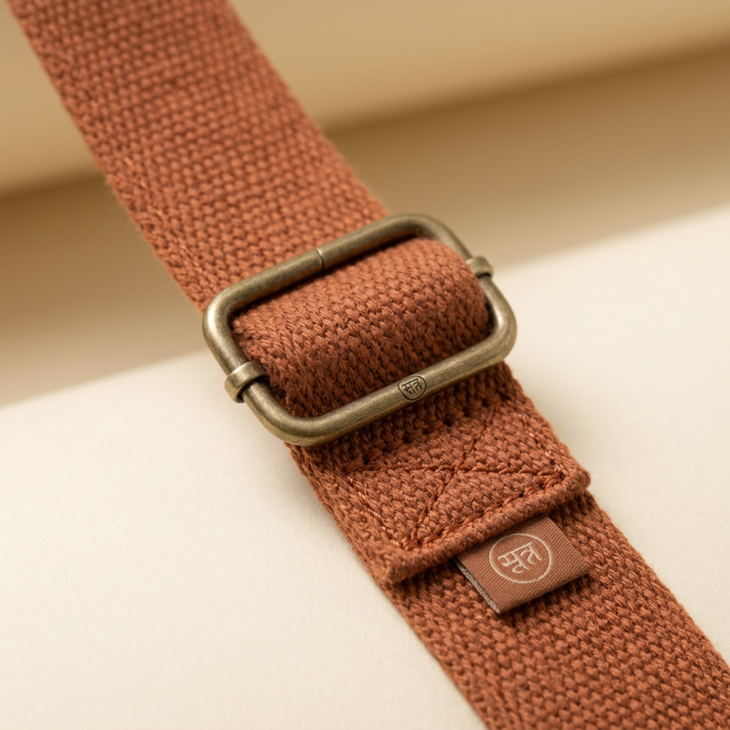 Close-up of woven strap and metal adjuster