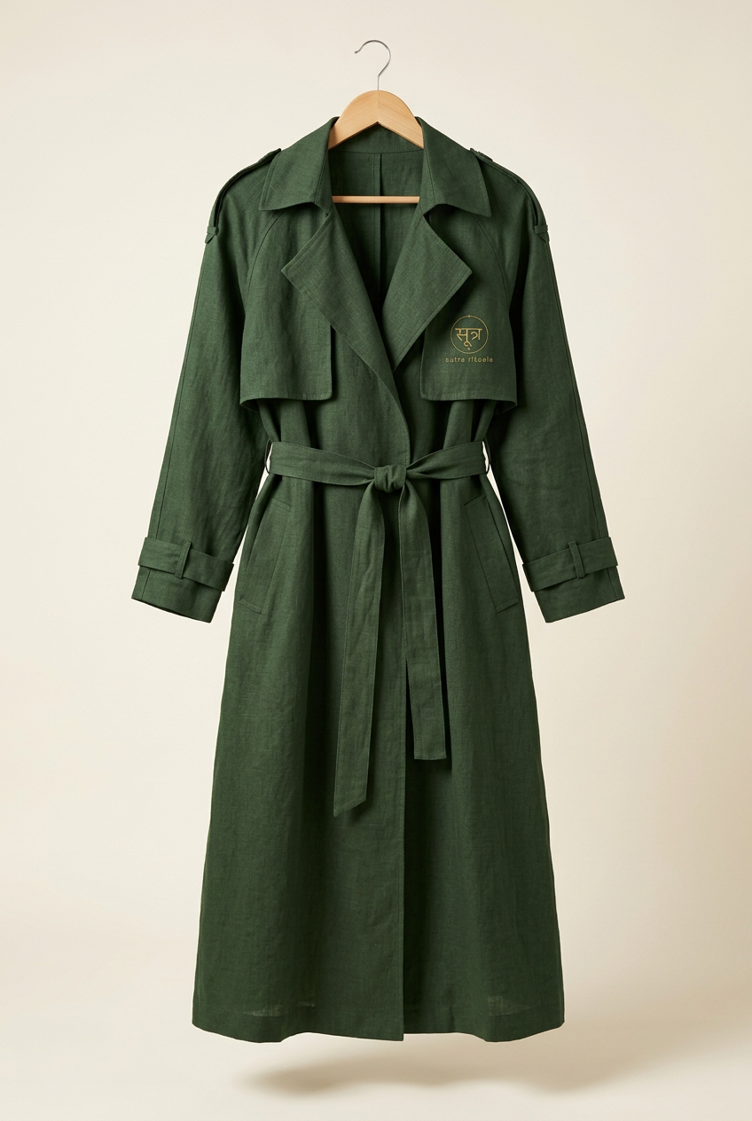 Forest Green trench coat, product-only view