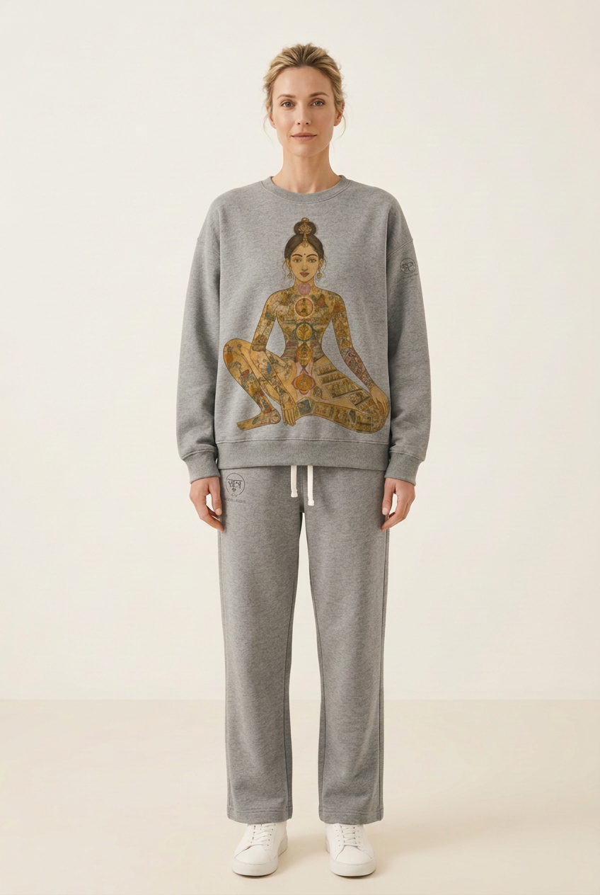 Grey yogini sweatshirt and matching pants on a female avatar