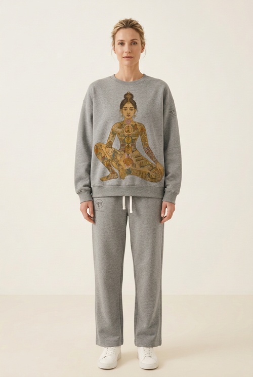 Grey yogini sweatshirt and matching pants on a female avatar