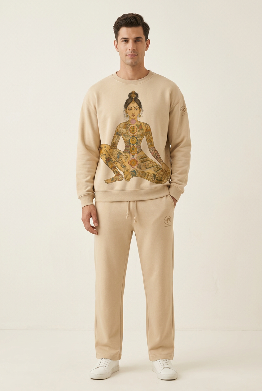 Male model wearing the sweatshirt and pants set