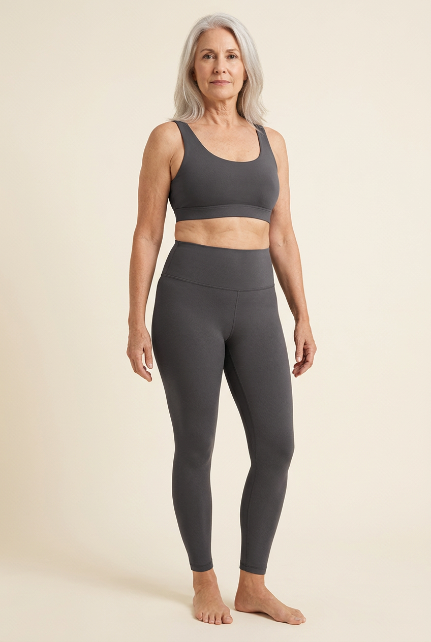 Mature silver-haired avatar wearing charcoal Sutra Sculpt Leggings
