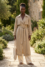 Model wearing the Sand Beige trench coat
