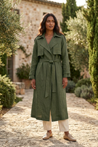 South Asian woman wearing the Forest Green trench coat