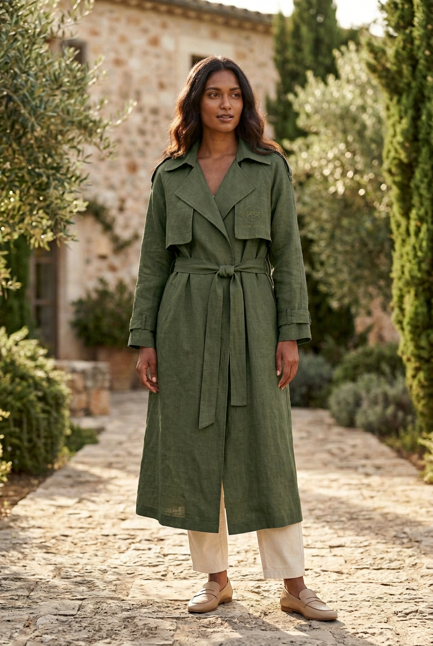 South Asian woman wearing the Forest Green trench coat