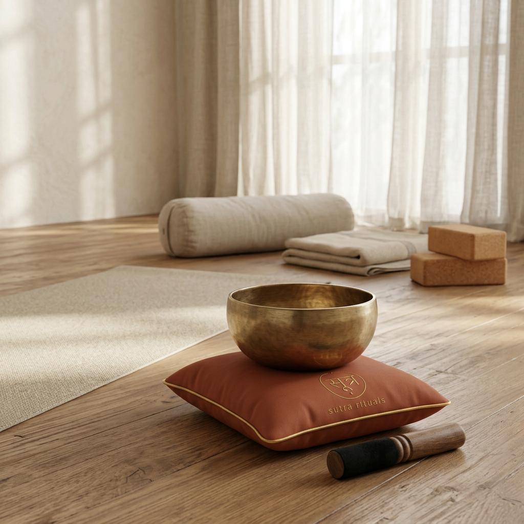 Sutra Rituals singing bowl in a serene yin-yoga studio