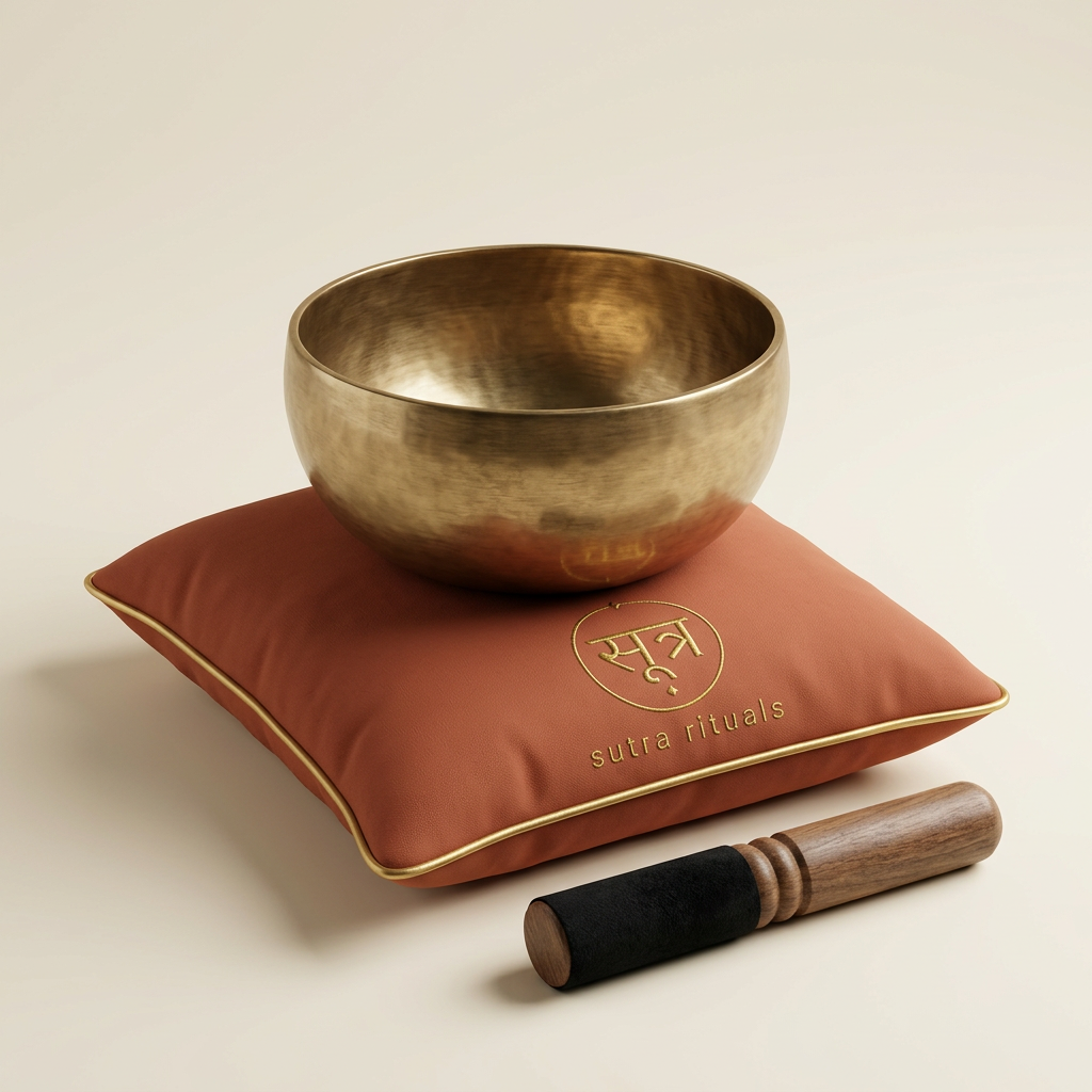 Sutra Rituals singing bowl with branded terracotta cushion