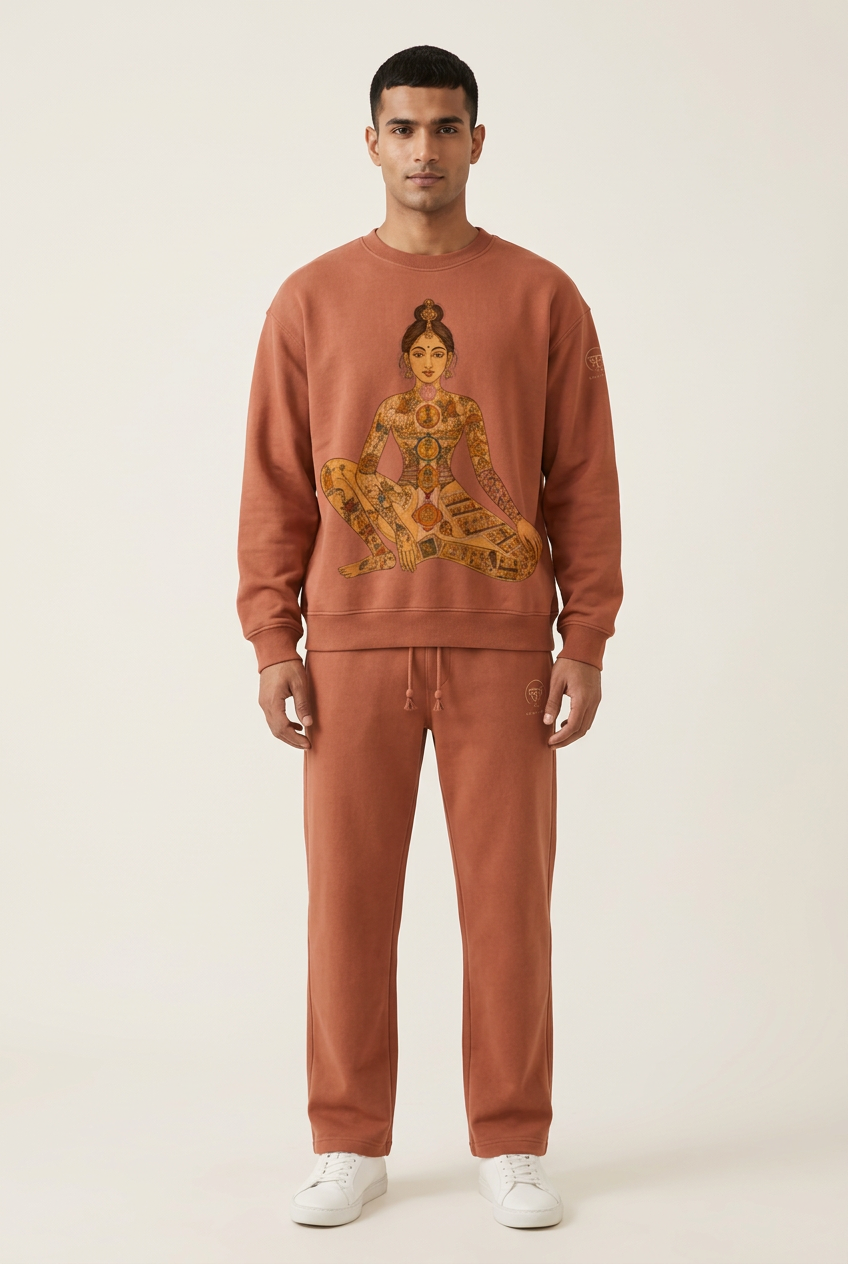 Terracotta sweatshirt and pants set on a male model