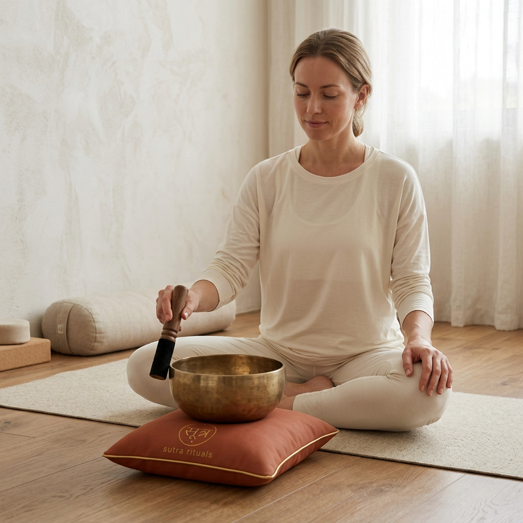 White female model using the Sutra Rituals singing bowl