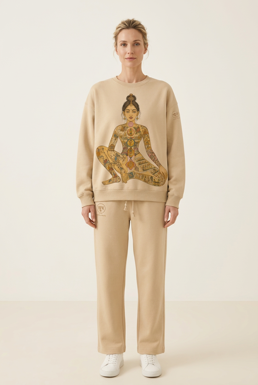 White female model wearing the sand beige yogini sweatshirt and matching straight-leg pants