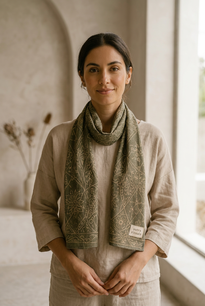 Woman wearing the patterned Forest Sage scarf