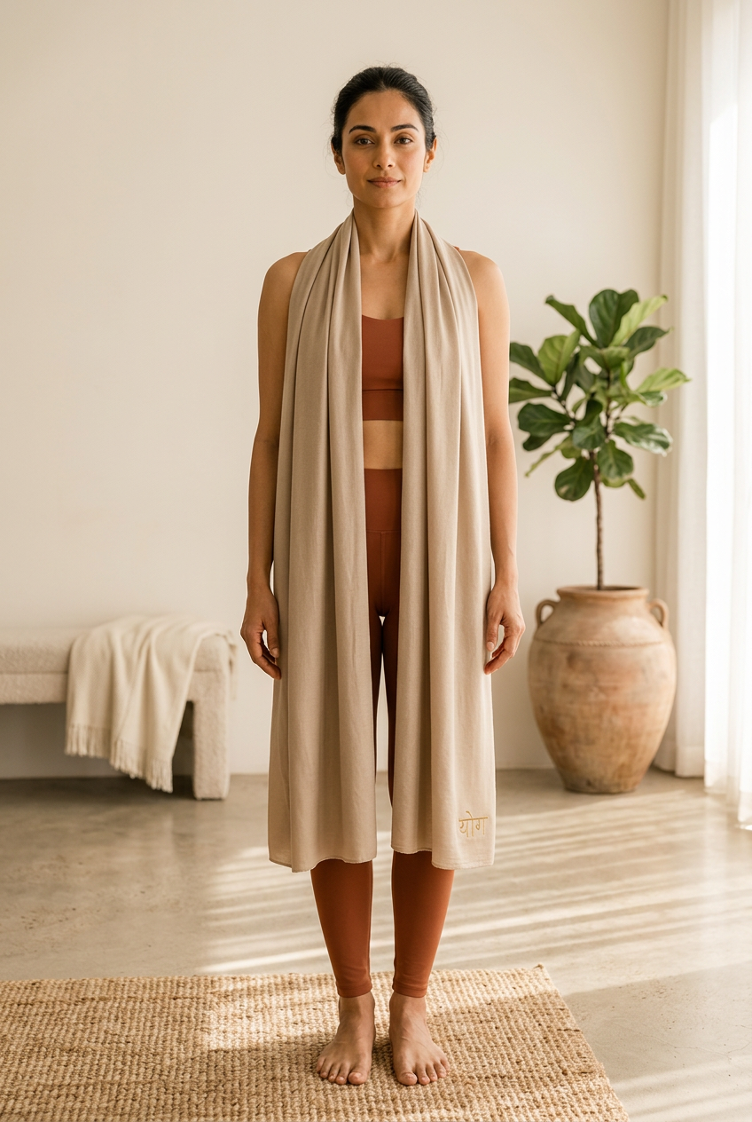 Woman wearing the plain Sand Beige scarf