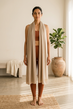 Woman wearing the plain Sand Beige scarf