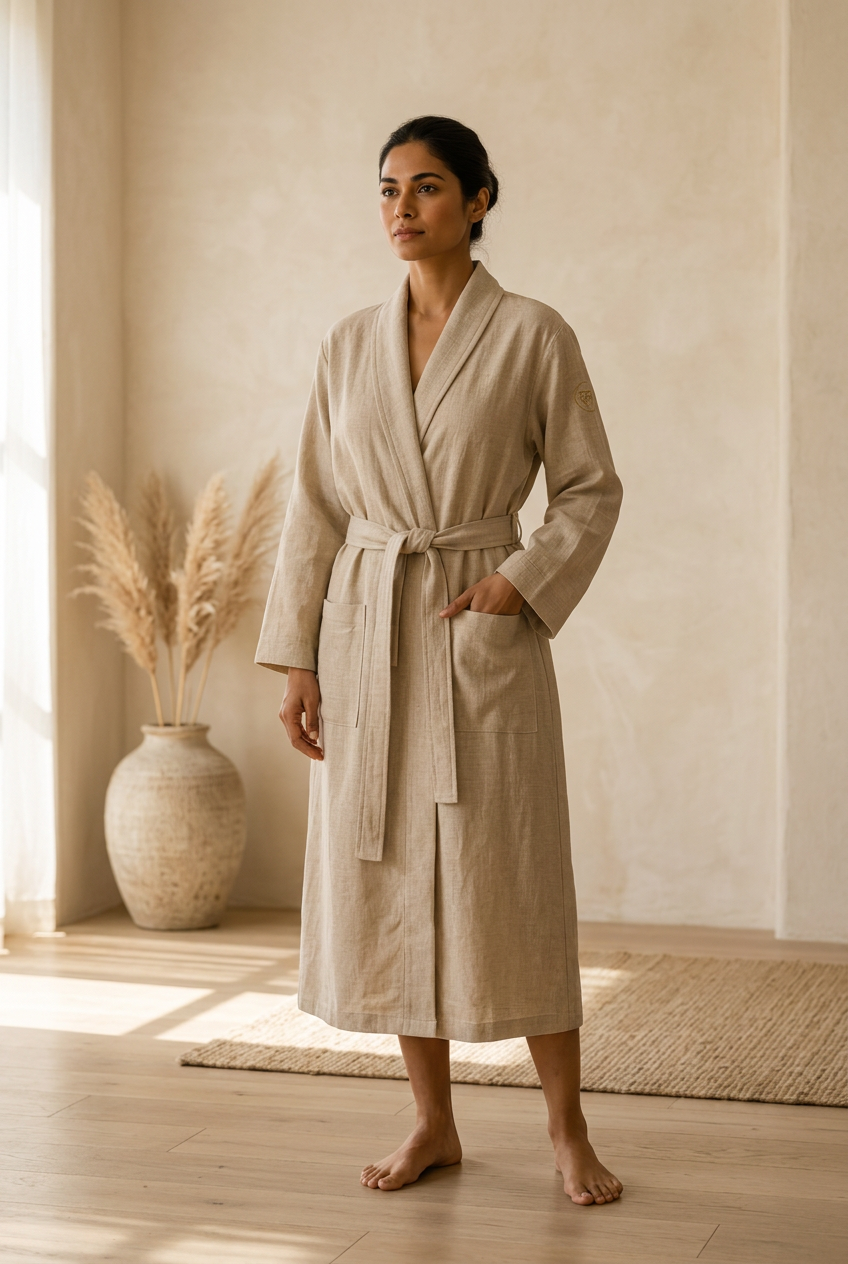 Woman wearing the Sand Beige robe