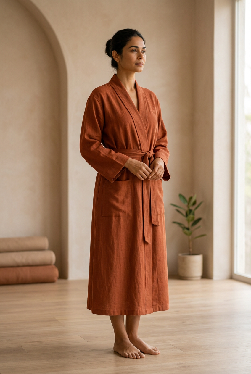 Woman wearing the Terracotta Clay robe