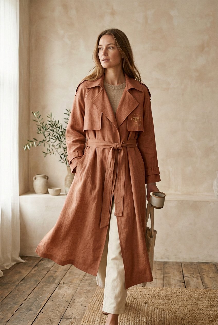 Woman wearing the Terracotta trench coat