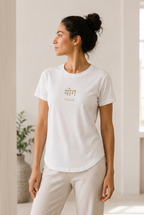 Woman wearing the Yoga Sanskrit Tee