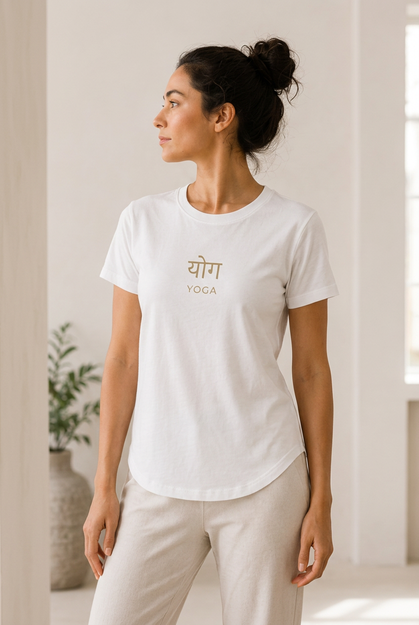 Woman wearing the Yoga Sanskrit Tee