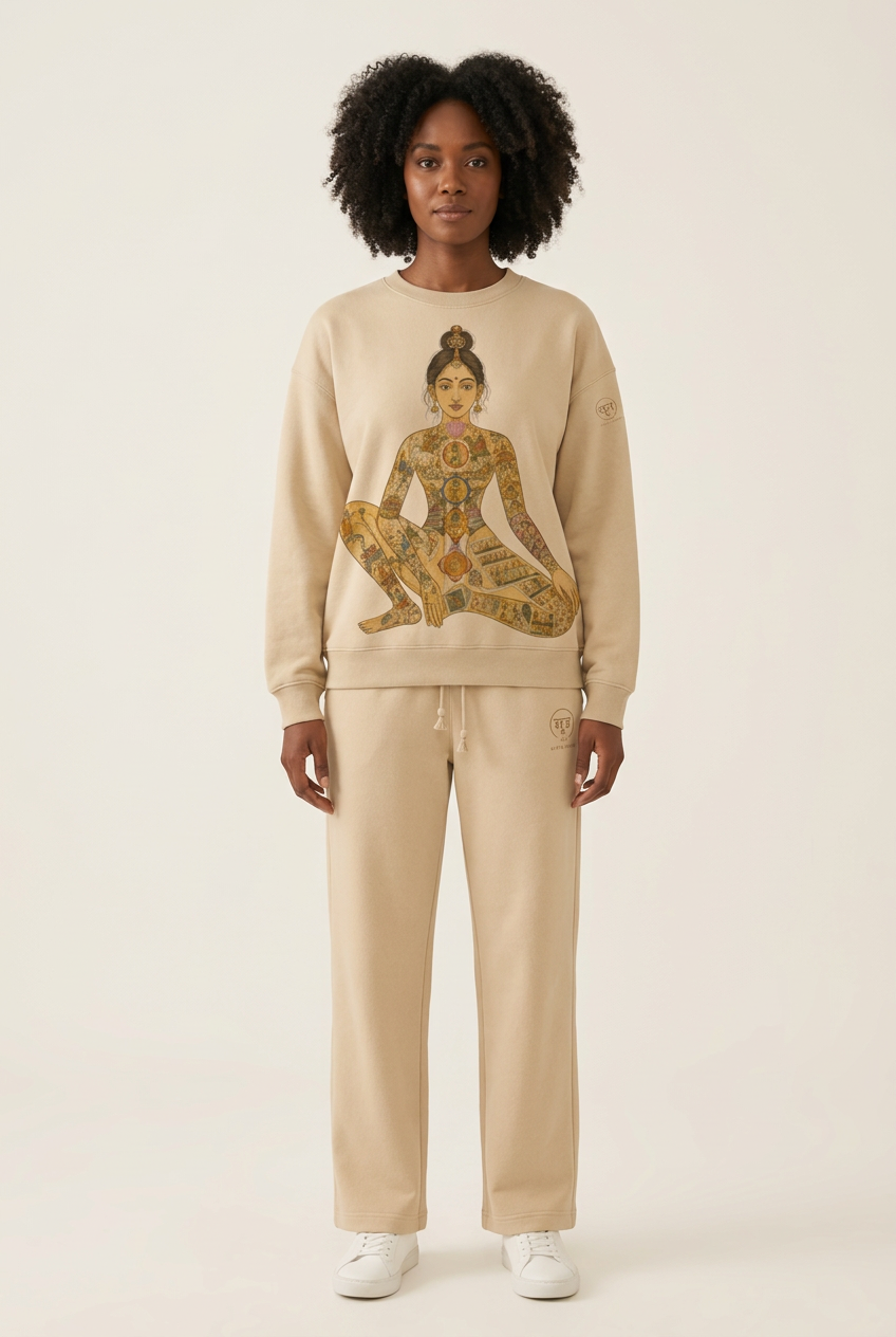 Woman with natural curls wearing the sweatshirt and pants set